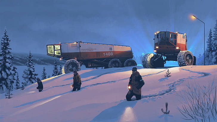 futuristic, artwork, snow, vehicle, winter, drawing, Rescue Team, Simon Stålenhag, HD wallpaper
