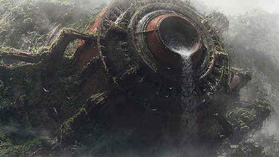 brauner und grauer Metallbehälter, Science Fiction, Wasserfall, Grafik, Ruine, digitale Kunst, futuristisch, HD-Hintergrundbild HD wallpaper
