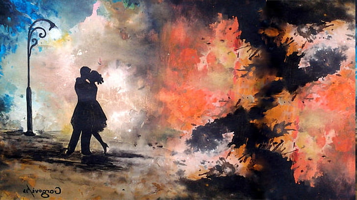 abstract, kissing, painting, Silhouette, HD wallpaper