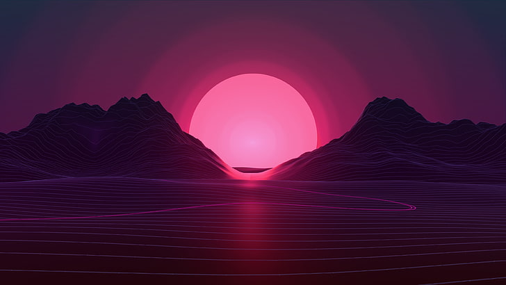 гора и солнце обои, гора с фоном восхода цифровые обои, неон, закат, ретро стиль, HD обои