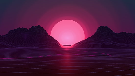 mountain and sun wallpaper, mountain with background of sunrise digital wallpaper, neon, sunset, Retro style, HD wallpaper HD wallpaper