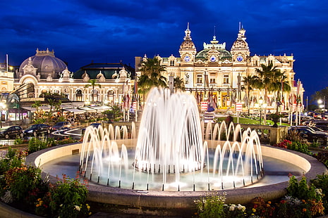 noc, światła, fontanna, pałac, Monako, Monte Carlo, kasyno, Tapety HD HD wallpaper