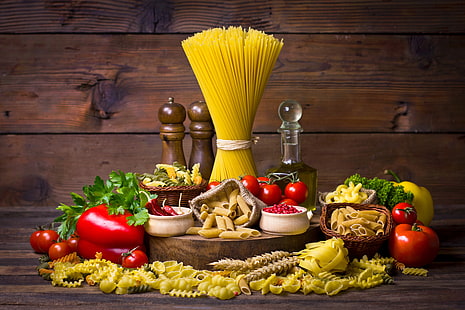 food, pasta, pepper, still-life, tomatoes, HD wallpaper HD wallpaper