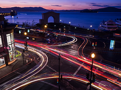 time laps photography of streets, san francisco, san francisco, Movement, Fisherman's Wharf - San Francisco, time, laps, photography, streets, composite, mike, olympus omd em1, pier 39, san francisco, trip, day, saturday, street people, sunset, night  light, streaks, light  blue, blue hour, outdoors, night, traffic, transportation, street, dusk, highway, car, cityscape, architecture, road, speed, urban Scene, multiple Lane Highway, illuminated, famous Place, long Exposure, blurred Motion, HD wallpaper HD wallpaper