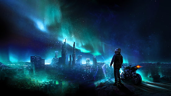 foto digitale dell'uomo in piedi guarda il cielo dell'aurora sopra grattacieli, urbano, vita notturna, skyline, motociclista, solo, HD, Sfondo HD HD wallpaper
