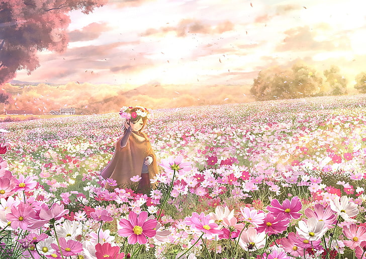 Anime, Original, Flower, Girl, Sunlight, Tree, HD wallpaper
