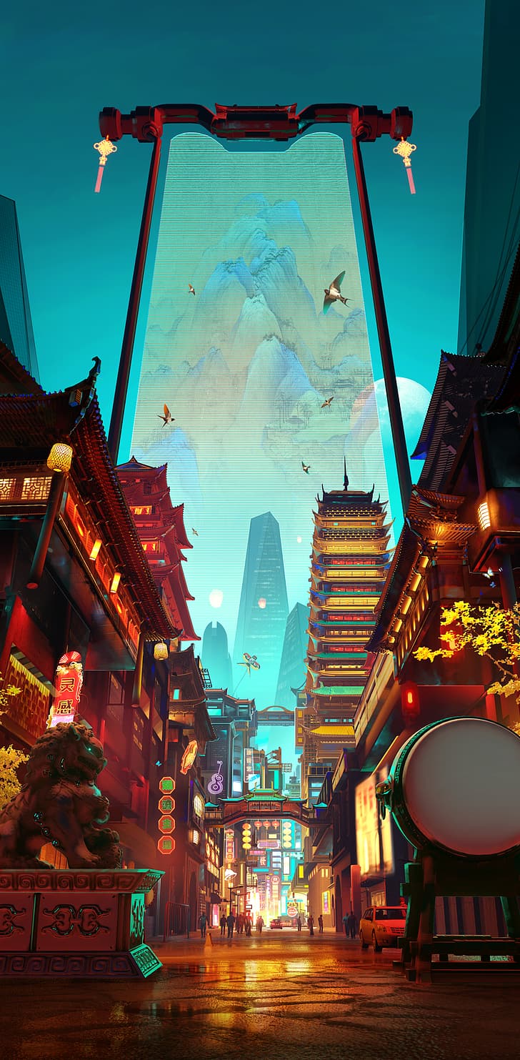 Chinese architecture, lantern, cyberpunk, artwork, Thousands miles of mountains and rivers, HD wallpaper