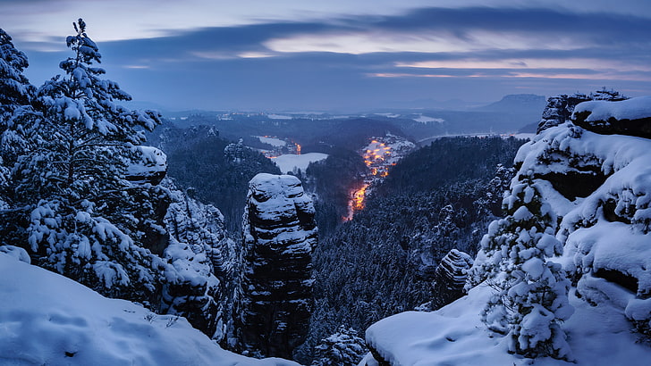 snow, winter, nature, sky, elbe sandstone mountains, mountain, rock, europe, wilderness, saxon switzerland national park, tree, morning, cloud, national park, rock formation, germany, HD wallpaper