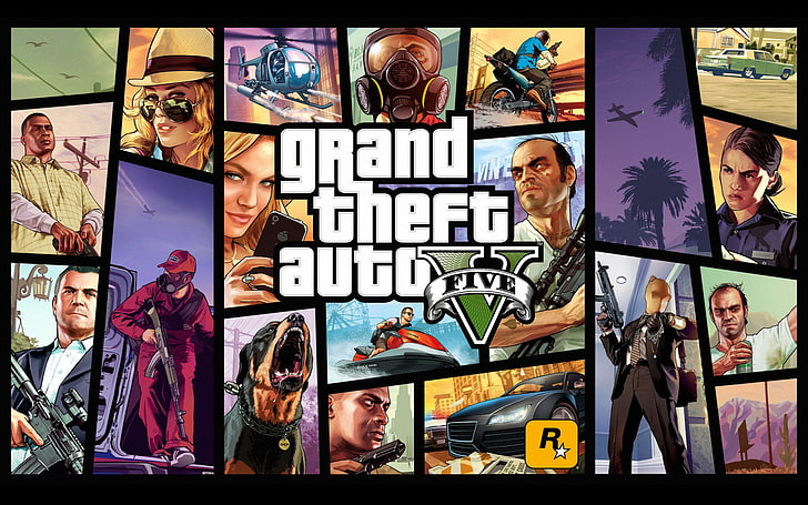 Grand Theft Auto 5 poster, Grand Theft Auto, Grand Theft Auto V, Chop (Grand Theft Auto), Franklin Clinton, Michael De Santa, Trevor Philips, HD tapet