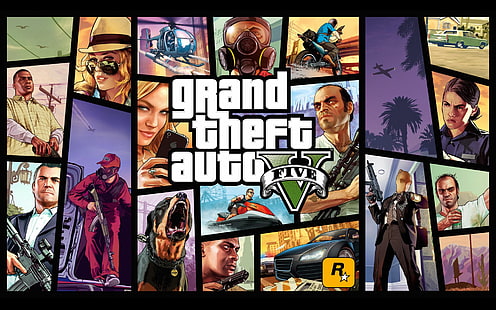 Grand Theft Auto 5 poster, Grand Theft Auto, Grand Theft Auto V, Chop (Grand Theft Auto), Franklin Clinton, Michael De Santa, Trevor Philips, HD tapet HD wallpaper