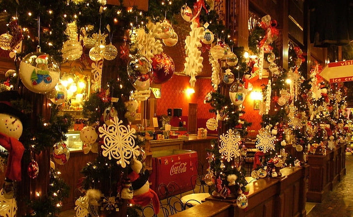assorted-color Christmas decor lot, christmas ornaments, snowflakes, cafes, needles, christmas, holiday, HD wallpaper