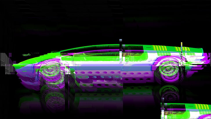 ilustrasi mobil hijau, ungu, dan putih, seni glitch, Wallpaper HD