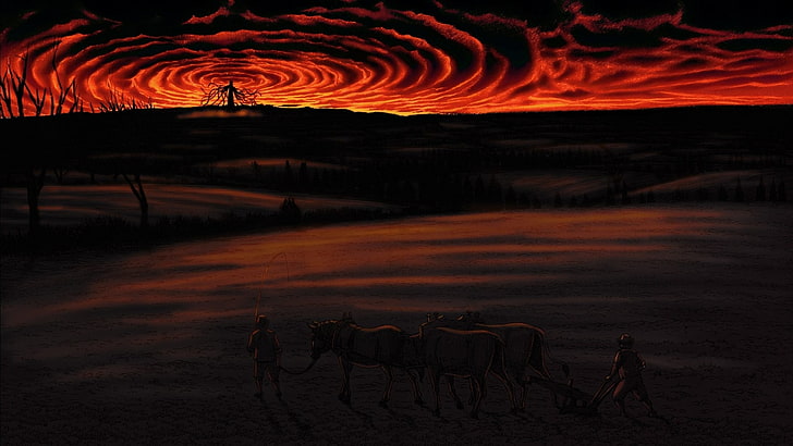 Silhouette der Bäume mit gelben und roten Himmel Illustration, Berserker, Ganishka, Kentaro Miura, HD-Hintergrundbild