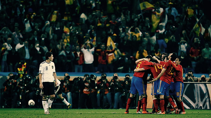 soccer players hugging, field, grass, joy, people, football, victory, sadness, sport, guys, Spain, Germany, the Germans, goal, stadiums, players, team, the Spaniards, HD wallpaper