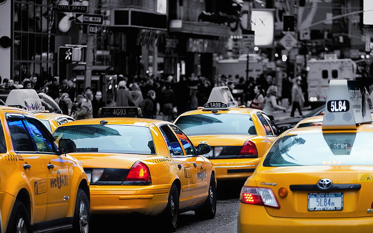 Taxi in the city, Yellow, Black, Buildings, Cars, Transport, Taxi, City, HD wallpaper