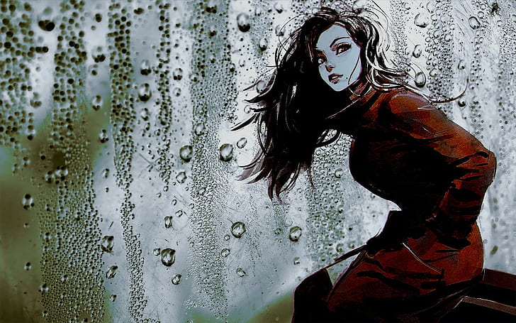 personaggio animato di donna dai capelli neri in cappotto rosso, disegno, Ilya Kuvshinov, Sfondo HD