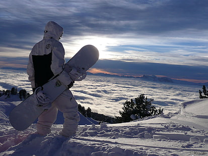 белый сноуборд с привязками, сноуборд, сноуборды, снег, пейзаж, облака, природа, HD обои HD wallpaper