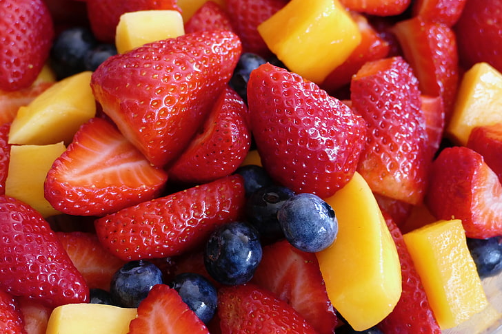 blueberries, strawberries, and pineapple fruit salad, strawberries, blueberries, berries, juicy, HD wallpaper