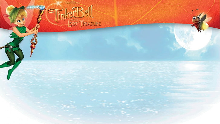 Тинкер Белл и потерянное сокровище (2009), плакат, фильм, светлячок, апельсин, Тинкер Белл и потерянное сокровище, фэнтези, луна, вода, фея, Дисней, синий, HD обои