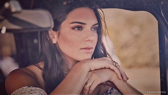 Kendall Jenner, modell, kvinnor, tittar in i fjärran, gråa ögon, ansikte, sommar, porträtt, närbild, brunett, HD tapet HD wallpaper