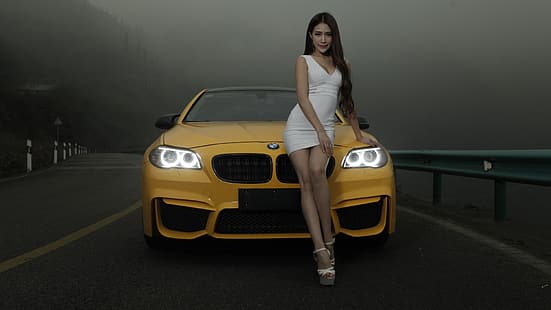 schau, Mädchen, BMW, asiatisch, schönes Mädchen, gelbes Auto, HD-Hintergrundbild HD wallpaper