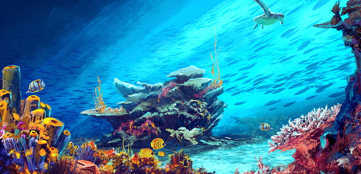 tartaruga, peixe, mar, subaquática, trabalho artístico, arte digital, ilustração, Luciano Neves, HD papel de parede