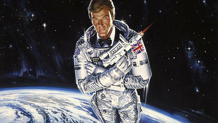 James Bond w kosmosie, człowiek w białym garniturze animowana ilustracja, filmy, 1920x1080, kosmos, James Bond, Roger Moore, Tapety HD