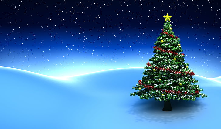 verde albero di natale illustrazione, stelle, neve, decorazione, albero, anno nuovo, decorazione natalizia, albero di natale, buon natale, decorazioni natalizie, ornamento, palle di luce, palle di luce, Sfondo HD