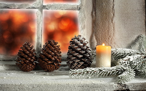 Feiertage, Weihnachten, Tannenzapfen, Feiertage, Weihnachten, Tannenzapfen, Schnee, Kerze, Fenster, Licht, Winter, Frohe Weihnachten, HD-Hintergrundbild HD wallpaper