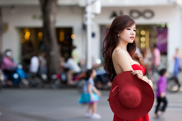 アジア人、女性、赤いドレス、ドレス、 HDデスクトップの壁紙