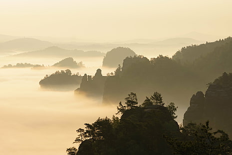 silhouette of rock formations surrounded by fog during daytime, Explore, silhouette, rock, formations, fog, daytime, Sächsische-Schweiz, Nebel, Sachsen, Elbsandsteingebirge, Landscape, kleiner, nature, mountain, scenics, asia, guilin, yangshuo, sunset, china - East Asia, mist, sunrise - Dawn, outdoors, guangxi Zhuang Autonomous Region - China, morning, hill, travel, HD wallpaper HD wallpaper