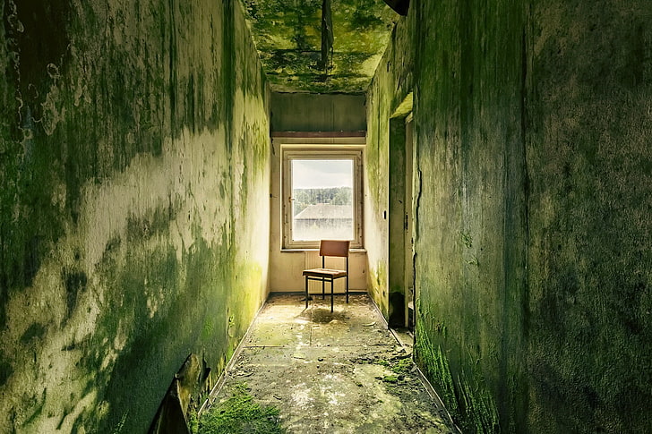 window, hallway, chair, old, ruin, HD wallpaper