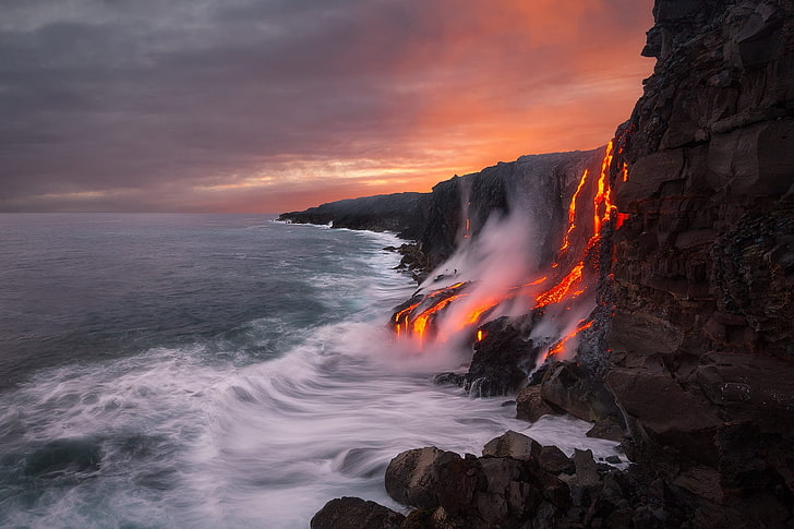 naturaleza, paisaje, Hawai, lava, mar, nubes, olas, Fondo de pantalla HD