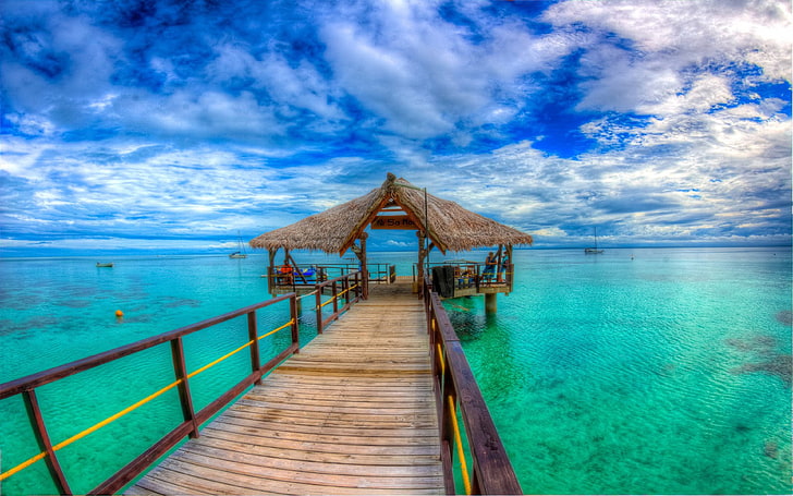 Wyspa Leleuvia piękna zatoka Doc drewniana platforma słoma turkusowy ocean wyspy fidżi Hd tapety na telefony komórkowe tablet i komputer 3840 × 2400, Tapety HD