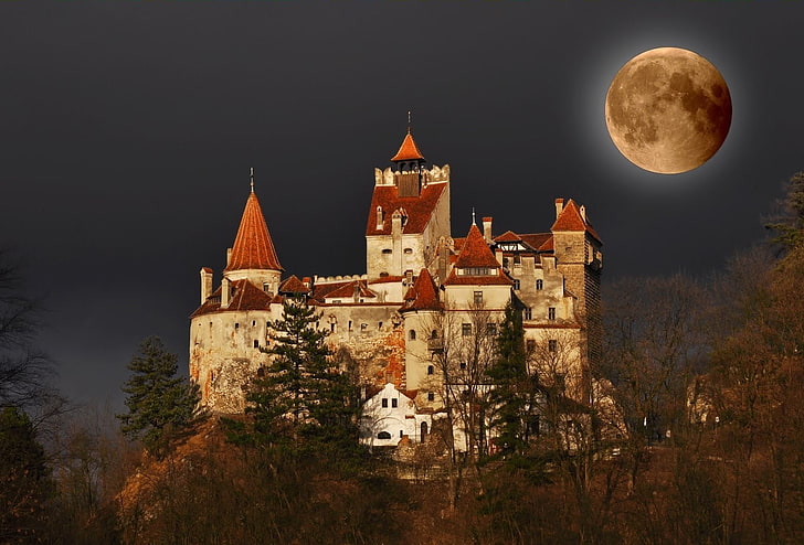 Castillos, Castillo de Bran, Castillo, Oscuro, Hecho por el hombre, Luna, Noche, Rumania, Fondo de pantalla HD