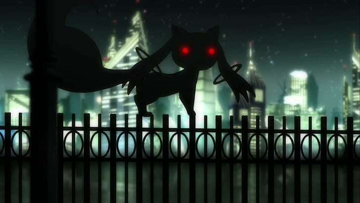 Kyubey - Puella Magi Madoka Magica, gato negro con ojos rojos ilustración de dibujos animados, anime, 1920x1080, puella magi madoka magica, kyubey, Fondo de pantalla HD