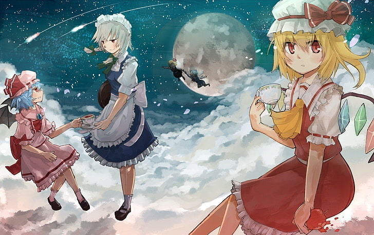 aprons, blondes, blue, blush, bows, cirno, clouds, crystals, cups, dre, dress, eyes, fairies, flandre, flower, flying, food, fruits, games, hair, izayoi, maids, moon, night, petals, ponytails, red, sakuya, scarlet, short, socks, stars, tea, touhou, vampires, video, wings, HD wallpaper