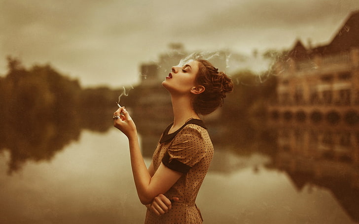 women's polka-dot dress, smoking, women outdoors, polka dots, cigarettes, closed eyes, looking up, women, sepia, arms on chest, HD wallpaper