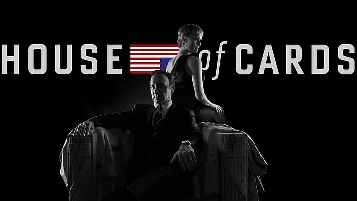 Фрэнк Андервуд Кевин Спейси Робин Райт Клэр Андервуд сидит пара карточный домик американский флаг черный фон ТВ, HD обои