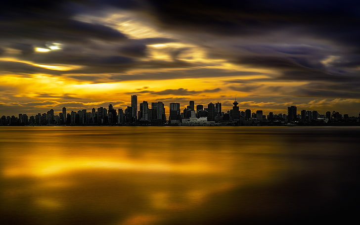 Kanada, Cityscape, awan, emas, Horison, matahari terbenam, vancouver, Wallpaper HD