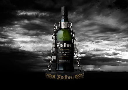 whisky, Ardbeg, alkohol, szkocka, butelki, łańcuchy, chmury, krajobraz, Tapety HD HD wallpaper