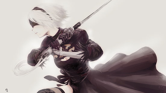 personnage de dessin animé féminin avec illustration de cheveux blancs, fille, épée, blanc, jeu, noir, androïde, robe, art, katana, carré enix, bandage, Fond d'écran HD HD wallpaper