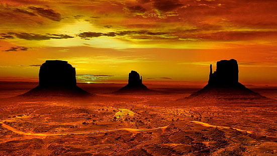 Monument Valley Navajo Tribal Park Red Sunset In Desert Landscape Wallpaper สำหรับแท็บเล็ตพีซีและมือถือดาวน์โหลด 2880 × 1620, วอลล์เปเปอร์ HD HD wallpaper
