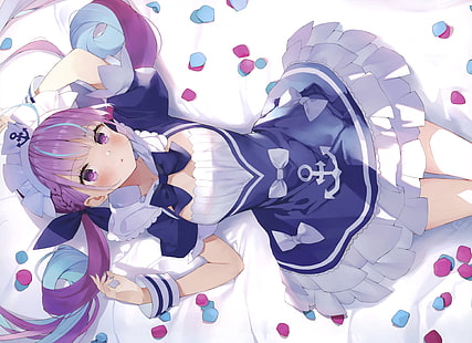  Minato Aqua, purple hair, cleavage, headdress, blush, twintails, purple eyes, HD wallpaper HD wallpaper