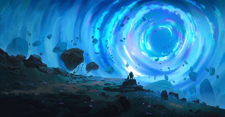 Bastien Chapitaux, drawing, floating, rocks, blue, vortex, HD wallpaper