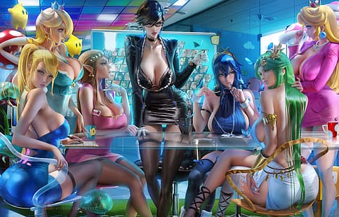 ภาพประกอบ งานศิลปะ ศิลปะดิจิตอล ศิลปะแฟนซี ภาพวาด ศิลปะจินตนาการ สาวแฟนตาซี ผู้หญิง กลุ่มสตรี Sakimichan วีดีโอเกมส์ วิดีโอเกมสาว ๆ ศิลปะวิดีโอเกม ตัวละครในวิดีโอเกม กำลังมองหาผู้ชม Nintendo แต่งตัว Bayonetta , Fire Emblem, mario (series), The Legend of Zelda, Lucina, Luma (ตัวละคร Mario Bros.), Metroid, Palutena, Princess Peach, Princess Rosalina, Princess Zelda, Samus Aran, สีบลอนด์, ผมยาว, ผมสีดำ, สีน้ำตาล, ผมสีเขียว, ผมสีฟ้า, ผมสั้น, ชุดสีชมพู, ชุดสีดำ, ชุดสีฟ้า, ชุดสีเขียว, มีสีสัน, ต้นขาสูง, วอลล์เปเปอร์ HD HD wallpaper