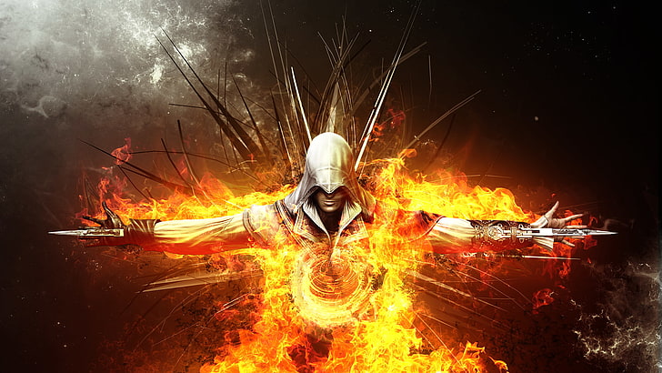 Assassin's Creed цифровые обои, огонь, пламя, арт, убийца, мечи, ассасин, страх, Ezio audore da Firenze, кредо ассасинов, assassins creed 2, абстрактный фон, HD обои