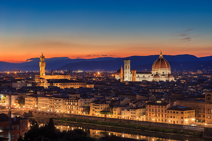 birdseye photography of city, the sky, sunset, orange, the city, the evening, lighting, Italy, Cathedral, Florence, architecture, Tuscany, Santa Maria del Fiore, Toscana, Firenze, The Cathedral of Santa Maria del Fiore, Palazzo Vo, The Palazzo Vo, HD wallpaper