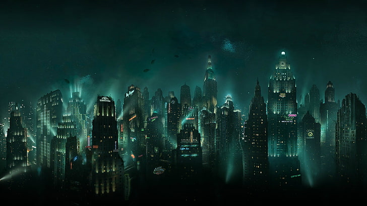 city landscape wallpaper, video games, Rapture, BioShock, underwater, lights, cityscape, HD wallpaper