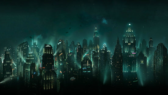 city landscape wallpaper, video games, Rapture, BioShock, underwater, lights, cityscape, HD wallpaper HD wallpaper